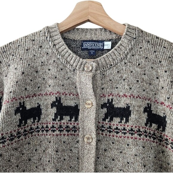 Lands' End 100% Wool Scottie Dog Lover Knit Oatmeal Cardigan womens M - Picture 3 of 6